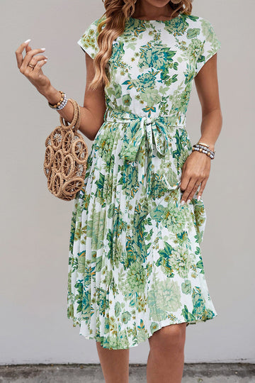Green Floral A Line Pleated Cap Sleeves Midi Summer Dress with Sash
